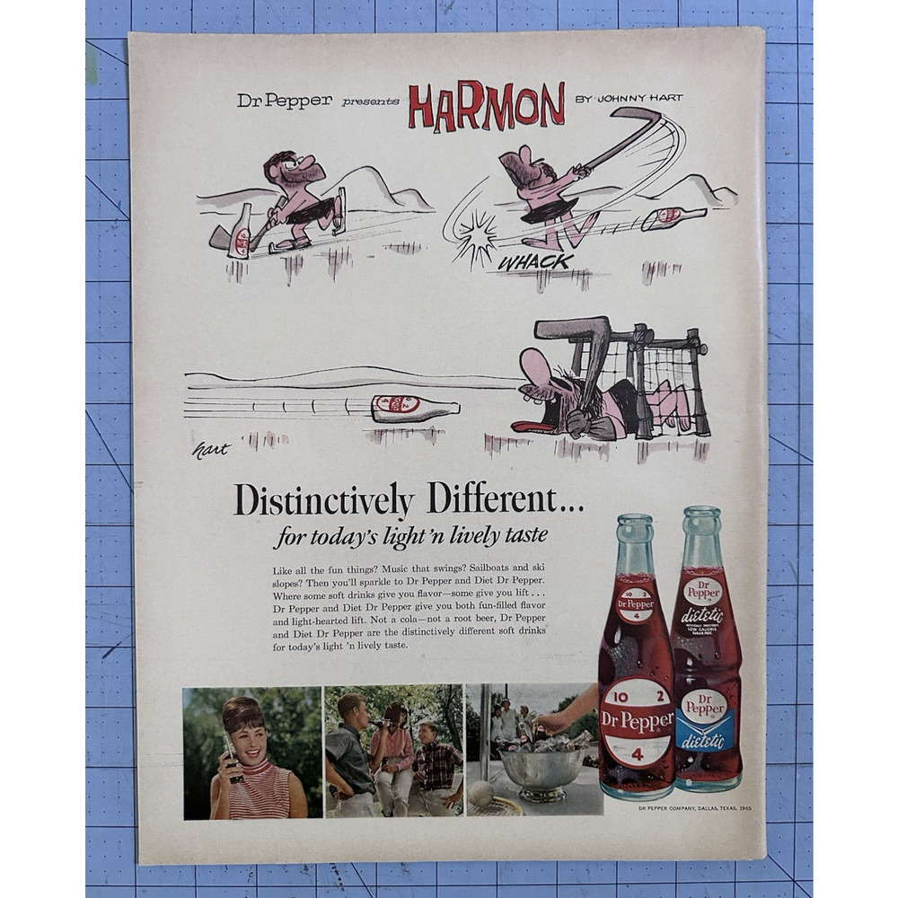1965 Dr Pepper Harmon by Johnny Hart Plays Ice Hockey Vintage Print Ad